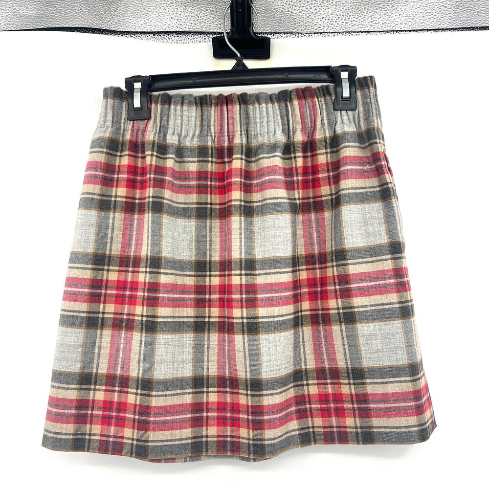J.Crew Wool Blend Plaid Tartan Mini Skirt Size 6 Gray Red Tan Lined Elastic